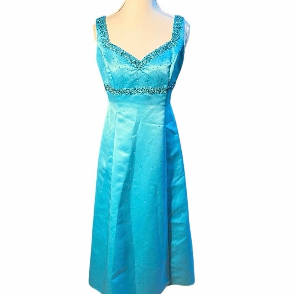 Vintage DELARU Y2K Turquoise Empire A-Line Sweetheart Satin Midi Formal Dress